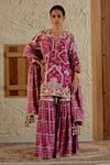 Buy_Sage Saga_Pink Chanderi Silk Print Mughal Floral Notched Neck Kurta Sharara Set _at_Aza_Fashions