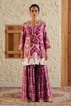 Sage Saga_Pink Chanderi Silk Print Mughal Floral Notched Neck Kurta Sharara Set _Online_at_Aza_Fashions