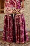 Sage Saga_Pink Chanderi Silk Print Mughal Floral Notched Neck Kurta Sharara Set _at_Aza_Fashions