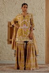 Buy_Sage Saga_Yellow Chanderi Silk Print Mughal Floral Notched Neck Sarson Kurta Sharara Set _at_Aza_Fashions