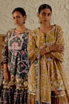 Buy_Sage Saga_Yellow Chanderi Silk Print Mughal Floral Notched Neck Sarson Kurta Sharara Set 