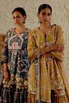 Buy_Sage Saga_Green Chanderi Silk Print Mughal Floral Notched Neck Morni Kurta Sharara Set _Online_at_Aza_Fashions