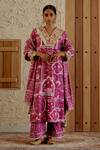 Buy_Sage Saga_Pink Chanderi Silk Print Mughal Floral V Neck Kurta Palazzo Set _at_Aza_Fashions