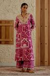 Sage Saga_Pink Chanderi Silk Print Mughal Floral V Neck Kurta Palazzo Set _Online_at_Aza_Fashions