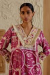 Sage Saga_Pink Chanderi Silk Print Mughal Floral V Neck Kurta Palazzo Set _at_Aza_Fashions