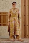 Buy_Sage Saga_Yellow Chanderi Silk Print Mughal Floral V Neck Sarson Kurta Palazzo Set _at_Aza_Fashions