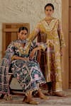 Sage Saga_Yellow Chanderi Silk Print Mughal Floral V Neck Sarson Kurta Palazzo Set _Online_at_Aza_Fashions