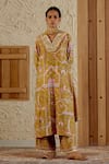 Buy_Sage Saga_Yellow Chanderi Silk Print Mughal Floral V Neck Sarson Kurta Palazzo Set _Online_at_Aza_Fashions