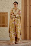 Shop_Sage Saga_Yellow Chanderi Silk Print Mughal Floral V Neck Sarson Kurta Palazzo Set _Online_at_Aza_Fashions