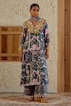 Buy_Sage Saga_Green Chanderi Silk Print Mughal Floral V Neck Morni Kurta Palazzo Set _at_Aza_Fashions