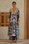 Sage Saga_Green Chanderi Silk Print Mughal Floral V Neck Morni Kurta Palazzo Set _Online_at_Aza_Fashions