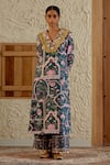 Buy_Sage Saga_Green Chanderi Silk Print Mughal Floral V Neck Morni Kurta Palazzo Set _Online_at_Aza_Fashions