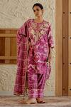 Buy_Sage Saga_Pink Chanderi Silk Print Mughal Floral Round Neck Kurta Salwar Set _at_Aza_Fashions