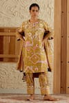 Buy_Sage Saga_Yellow Chanderi Silk Print Mughal Floral Round Neck Sarson Kurta Salwar Set _at_Aza_Fashions