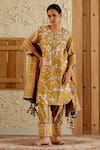 Sage Saga_Yellow Chanderi Silk Print Mughal Floral Round Neck Sarson Kurta Salwar Set _Online_at_Aza_Fashions