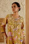 Shop_Sage Saga_Yellow Chanderi Silk Print Mughal Floral Round Neck Sarson Kurta Salwar Set _Online_at_Aza_Fashions