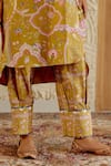 Buy_Sage Saga_Yellow Chanderi Silk Print Mughal Floral Round Neck Sarson Kurta Salwar Set 