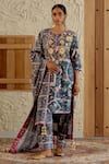 Buy_Sage Saga_Green Chanderi Silk Print Mughal Floral Round Neck Morni Kurta Salwar Set _Online_at_Aza_Fashions