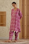 Buy_Sage Saga_Pink Chanderi Silk Print Floral Tile V Neck Kurta With Salwar _Online_at_Aza_Fashions