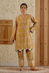 Buy_Sage Saga_Yellow Chanderi Silk Print Floral Tile V Neck Sarson Kurta With Salwar _at_Aza_Fashions