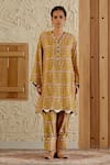 Sage Saga_Yellow Chanderi Silk Print Floral Tile V Neck Sarson Kurta With Salwar _Online_at_Aza_Fashions