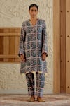 Sage Saga_Green Chanderi Silk Print Floral Tile V Neck Morni Kurta With Salwar _Online_at_Aza_Fashions