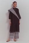 Buy_SHIKHA MALIK_Black Silk Chanderi Threadwork Mandarin Collar Overlap Panel Kurta _at_Aza_Fashions