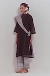 SHIKHA MALIK_Black Silk Chanderi Threadwork Mandarin Collar Overlap Panel Kurta _Online_at_Aza_Fashions