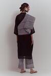 Shop Shikha Malik Black Silk, Chanderi Zari Mandarin Collar Overlap Panel Kurta Striped Pant Set at Aza Fashions Shop_Shikha Malik_Black Silk, Chanderi Zari Mandarin Collar Overlap Panel Kurta Striped Pant Set _at_Aza_Fashions