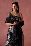 Shop_LASHKARAA_Black Silk Print Bloom Square Neck Embellished Kurta Pant Set _at_Aza_Fashions