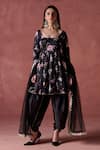 Buy_LASHKARAA_Black Silk Print Gul Deep Round Neck Embellished Kurta Tulip Pant Set _at_Aza_Fashions