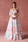 Shop_LASHKARAA_Off White Crepe Print Phoolista Sweetheart Neck Embellished Lehenga Set _at_Aza_Fashions