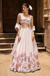 Buy_LASHKARAA_Off White Georgette Print Bloom Garden Leaf Neck And Embellished Lehenga Set _at_Aza_Fashions