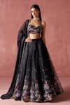 Buy_LASHKARAA_Black Organza Print Night Garden Sweetheart Neck And Embellished Lehenga Set _at_Aza_Fashions