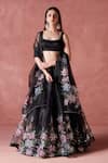 Buy_LASHKARAA_Black Organza Print Petunia Garden Deep Round Neck And Embellished Lehenga Set _at_Aza_Fashions