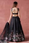 LASHKARAA_Black Organza Print Petunia Garden Deep Round Neck And Embellished Lehenga Set _Online_at_Aza_Fashions