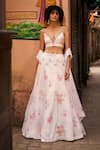 Buy_LASHKARAA_White Organza Print Phool Guchha Plunging Sweetheart And Embellished Lehenga Set _at_Aza_Fashions