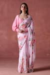 Buy_LASHKARAA_Pink Satin Print Fresh Bloom Sweetheart Neck And Embellished Saree With Blouse _at_Aza_Fashions