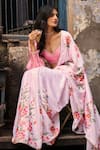 Buy_LASHKARAA_Pink Satin Print Fresh Bloom Sweetheart Neck And Embellished Saree With Blouse _Online_at_Aza_Fashions