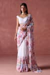 Buy_LASHKARAA_White Georgette Print Gulmohar Off Shoulder Neck And Embellished Saree With Blouse _at_Aza_Fashions