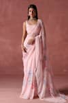 Buy_LASHKARAA_Peach Chiffon Print Phool Bahar Round Neck And Embellished Saree With Blouse _at_Aza_Fashions