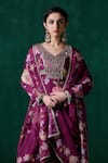 Shop_LASHKARAA_Magenta Georgette Print Floral V-neck Zari Embroidered Kurta And Pant Set _at_Aza_Fashions