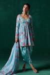 Buy_LASHKARAA_Blue Chiffon Print Floral Leaf Peplum Kurta And Dhoti Pant Set _at_Aza_Fashions