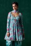 Shop_LASHKARAA_Blue Chiffon Print Floral Leaf Peplum Kurta And Dhoti Pant Set _at_Aza_Fashions