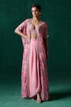 Buy_LASHKARAA_Pink Georgette Print Floral Bustier Zari Embroidered Jacket And Draped Skirt Set _at_Aza_Fashions