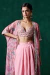 Shop_LASHKARAA_Pink Georgette Print Floral Bustier Zari Embroidered Jacket And Draped Skirt Set _at_Aza_Fashions