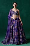 Buy_LASHKARAA_Purple Organza Print Floral V-neck Zari Embroidered Kalidar Lehenga Set _at_Aza_Fashions