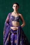 Shop_LASHKARAA_Purple Organza Print Floral V-neck Zari Embroidered Kalidar Lehenga Set _at_Aza_Fashions