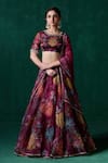 Buy_LASHKARAA_Wine Georgette Print Floral Round Mirror Embroidered Kalidar Lehenga Set _at_Aza_Fashions