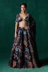 Buy_LASHKARAA_Black Georgette Print Floral Plunge V-neck Lace Embroidered Kalidar Lehenga Set _at_Aza_Fashions